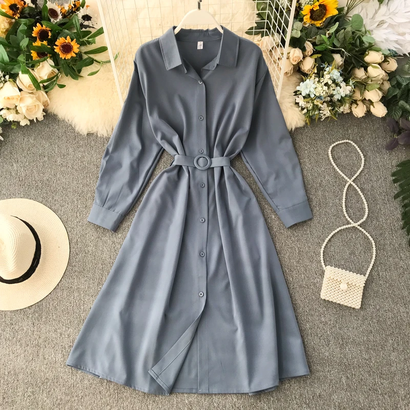 

Autumn Dress 2019 Woman Blue Long Sleeve Shirt Skirt High Waist Long Dress With Belt Streetwear