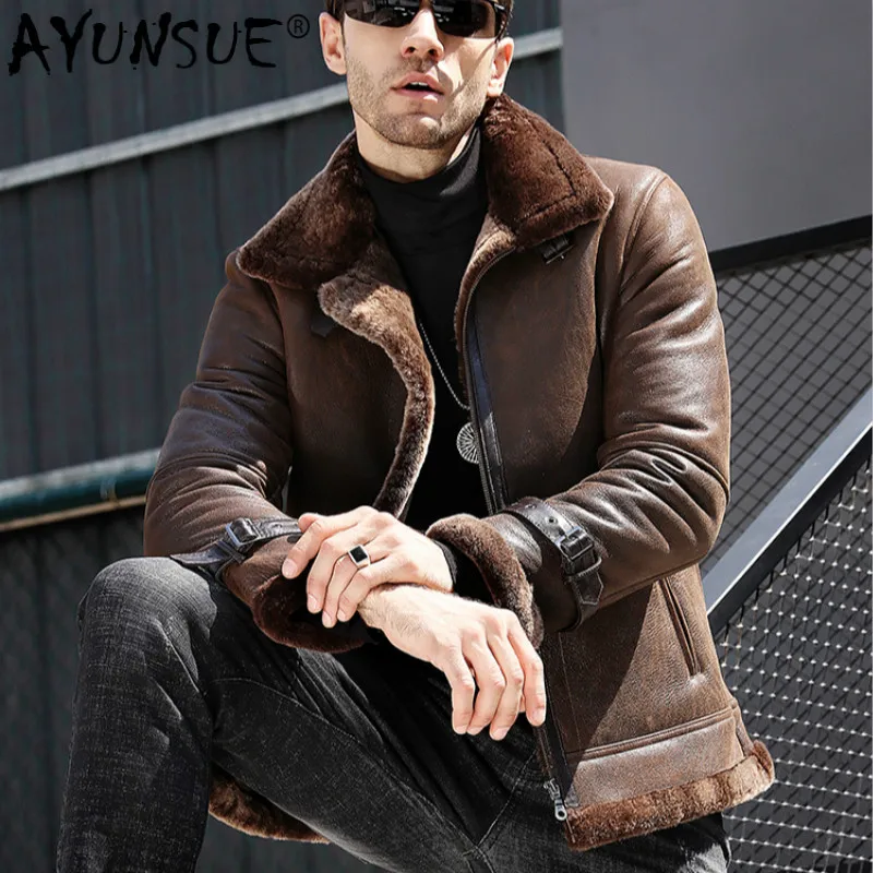 

AYUNSUE Leather Jacket Men Genuine Leather Real Sheepskin Coat Men Natural Wool Fur Winter Coat Blouson Cuir Homme 71808 YY1365
