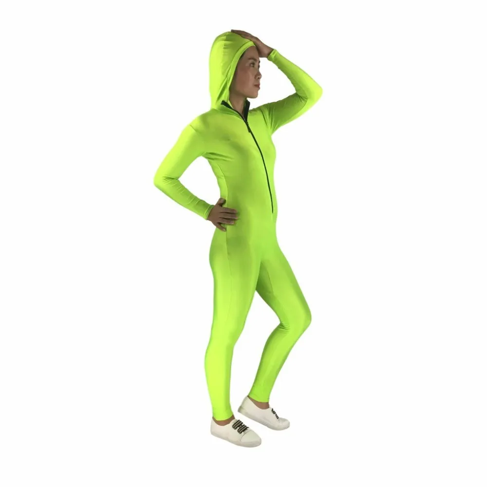 

Fluorescent green Zentai Suit Dance Unitard Spandex Long Sleeve full Bodysuits Catsuit Wear Skin Hooded tights