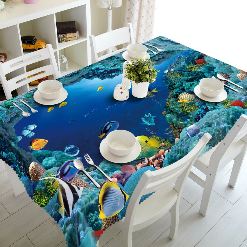 

3D Sea View Pattern Tablecloth Parrot and Elephant Pattern Waterproof Thicken Rectangular and Round Table Cloth for Wedding