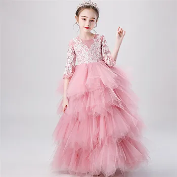 

Girls Children Luxury Embroidery Flowers Wedding Birthday Party Princess Layers Mesh Dress Kids Students Host Ceremony Dresses