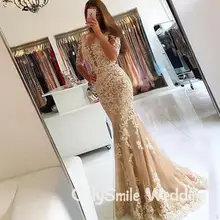 Цвет шампанского, Русалка, выпускные платья, длинные, кружева, аппликация, половина рукава, открытая спина, Формальные вечерние платья, прозрачное декольте, халат De Soiree