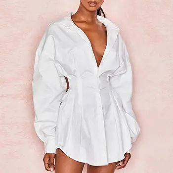 

Womens Long Sleeve Lapel Collar Boyfriend Style White Blouse Dress High Waist Underbust Corset Waist Shaper Oversized Tunic Tops