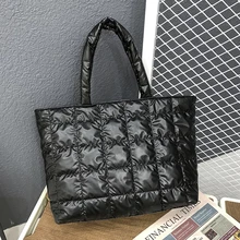 

Nylon Waterproof High Capacity Shoulder Bag for Women 2021 Big Grid Soft Winter Luxury Fashion Travel Handbags Black Purses