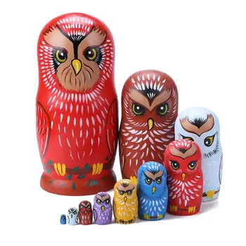 

5/10pcs Handmade Matryoshka Dolls Girl Owl Pattern Russian Traditional Craft Basswood Nesting Dolls Set Home Decoration