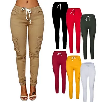 

Laamei Spring Women Pencil Pant Lace Up Waist Casual Women Pants Multi-Pockets Plus Size Cargo Pants Slim Fit Elastic Trousers