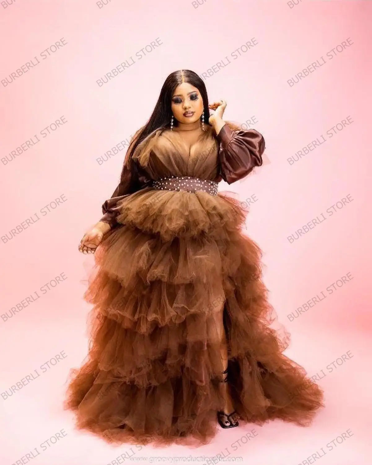 Brown Fluffy Tiered Tulle Evening Dress 