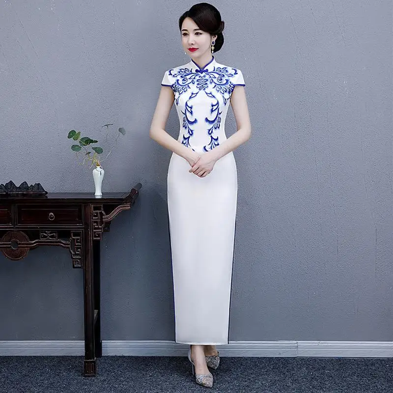 Желтые женские вечерние платья восточные женщины Cheongsam элегантный в китайском стиле длинные Qipao Сексуальное Тонкое свадебное платье для выпускного бала Vestidos XS-3XL - Цвет: Белый