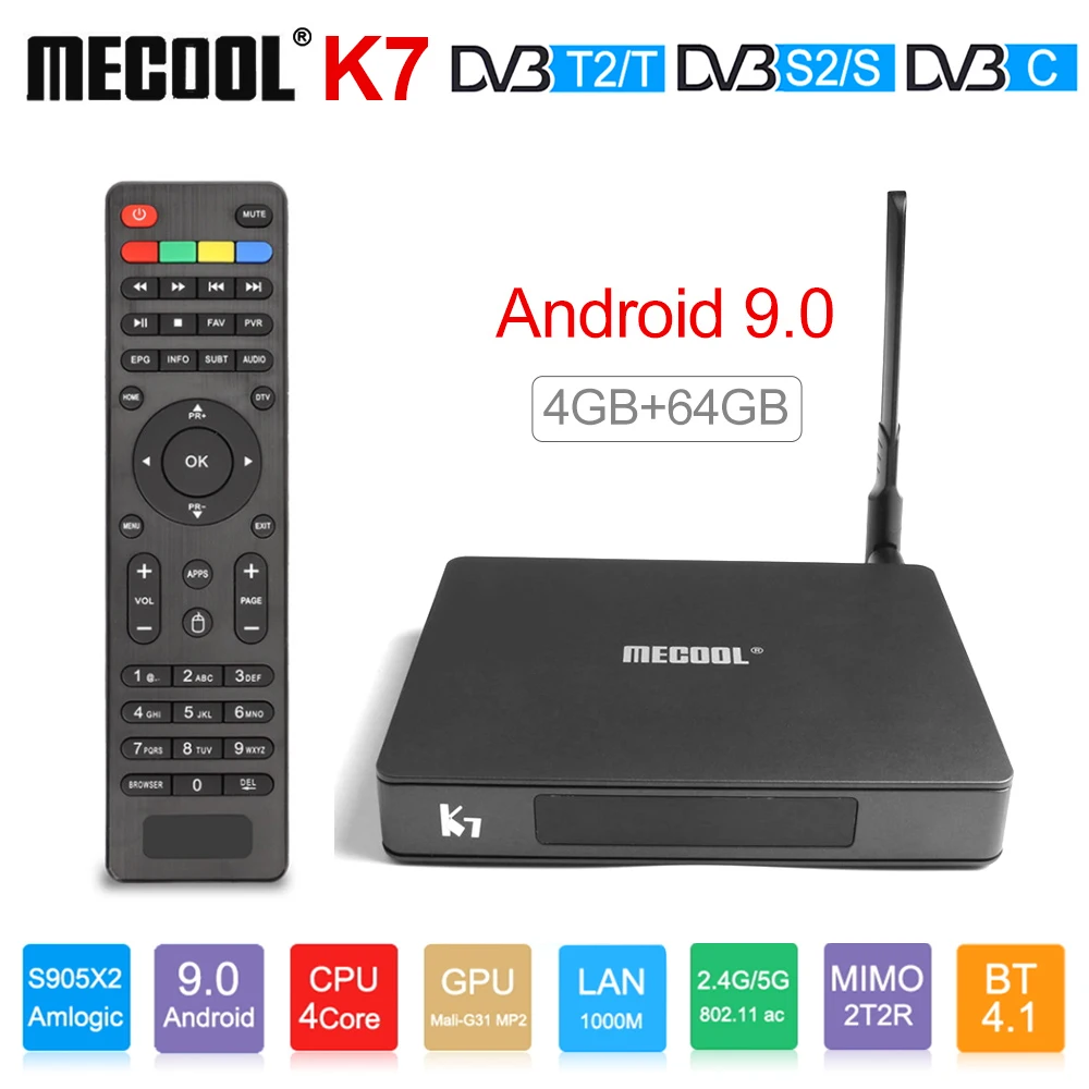 Mecool K7 Smart TV Box Android 9.0 DVB-T2/S2/C Amlogic S905X2 Quad Core 4GB DDR4 64GB 4K 60fps Dual WIFI 1000Mbps K7 Set Top Box