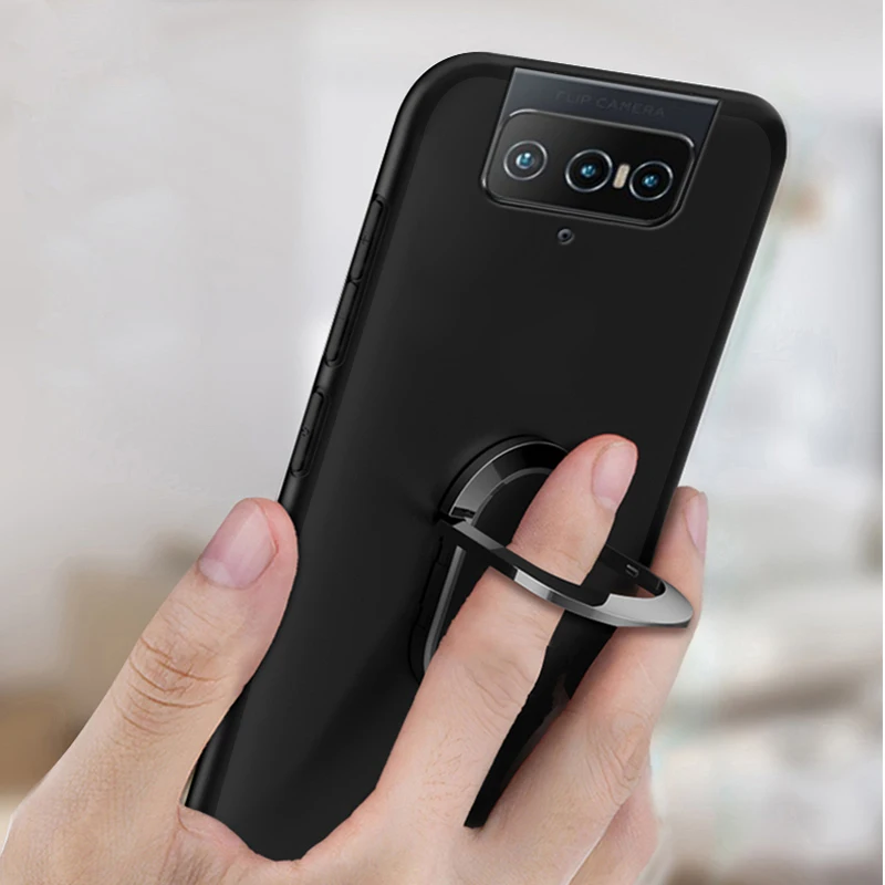 Asus ZenFone 7 Pro Case Luxury Soft Black Silicone Magnetic Car Holder Ring Phone Cover for Asus ZenFone 7 Pro ZS671KS Fundas 3