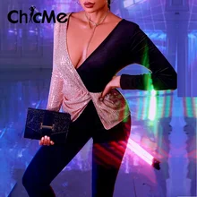 

Chicme Sexy Jumpersuit For Women 2021 Colorblock Sequins Velvet Outfits Ruched Long Sleeve V-Neck Jumpsuit Elegant Birthday