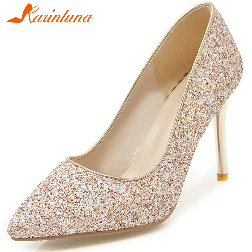 

KARINLUNA Spring New Lady High Thin Heels Bridal Pumps Party Shining Glitters Evening Pumps Women Sexy Pointed Toe Shoes Woman