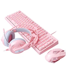 Wired Gaming Keyboard Set LED Backlight Gaming Keyboard Cute Pink Mouse & Headset Combos Kit Suitable for Gamers PC Laptops