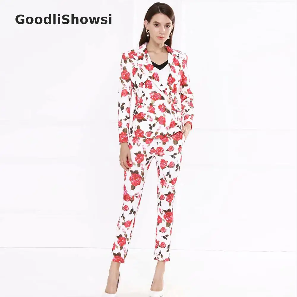 GoodliShowsi, шикарные комплекты из 2 предметов, женские костюмы с принтом розы, костюм на одной пуговице, топы+ леггинсы, узкие брюки, стильные штаны, костюмы