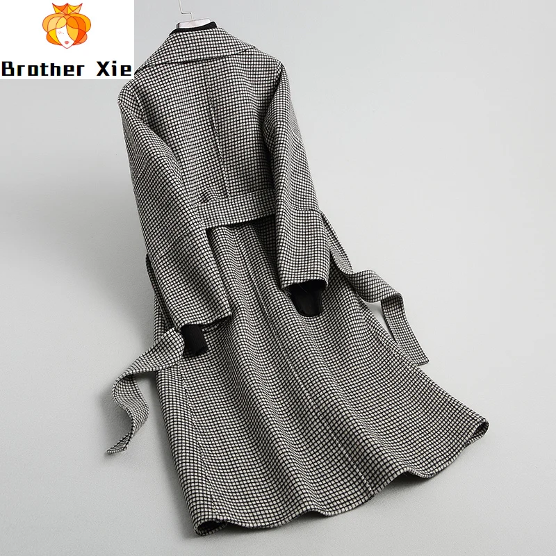 

Sumptuous 100% wool coat for women plaid double-sided cashmere long pure woollen overcoat female belt slim gray outwear spring
