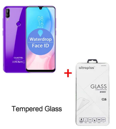OUKITEL C16 5,71 ''Android 9,0 19:9 MT6580P 2 Гб 16 Гб Смартфон отпечаток пальца Лицо ID Водонепроницаемая капля экран 5 В/1A 2600 мАч мобильный телефон - Цвет: Purple N Temper Glas