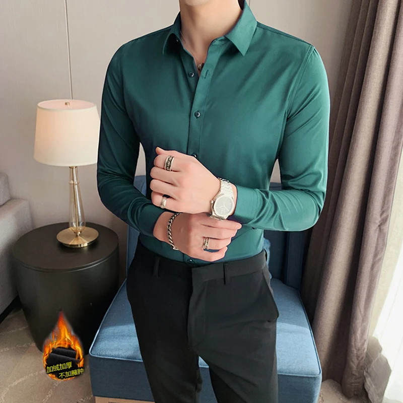 

Мужская приталенная рубашка, белая/зеленая/серая Облегающая рубашка с длинным рукавом, на пуговицах, в Корейском стиле, зима