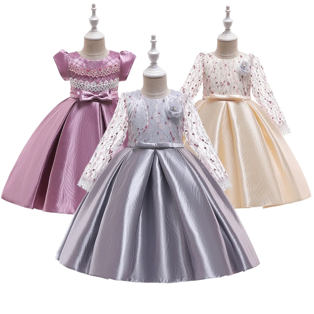 Платье принцессы для первого причастия для девочек, глянцевое жаккардовое атласное Серебряное платье для свадьбы, дня рождения, платье для детей 2, 4, 6, 8, 10 лет