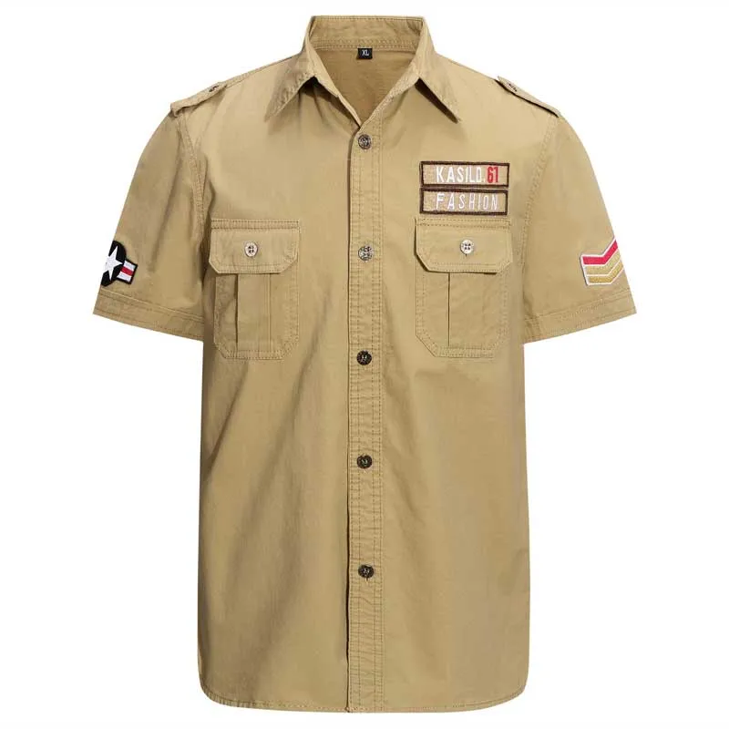 8519 khaki Хлопковая рубашка в стиле милитари, летняя мужская Повседневная рубашка с коротким рукавом, с вышивкой, Слимминг, рубашка, большой размер, M-7XL - Цвет: 8519 khaki