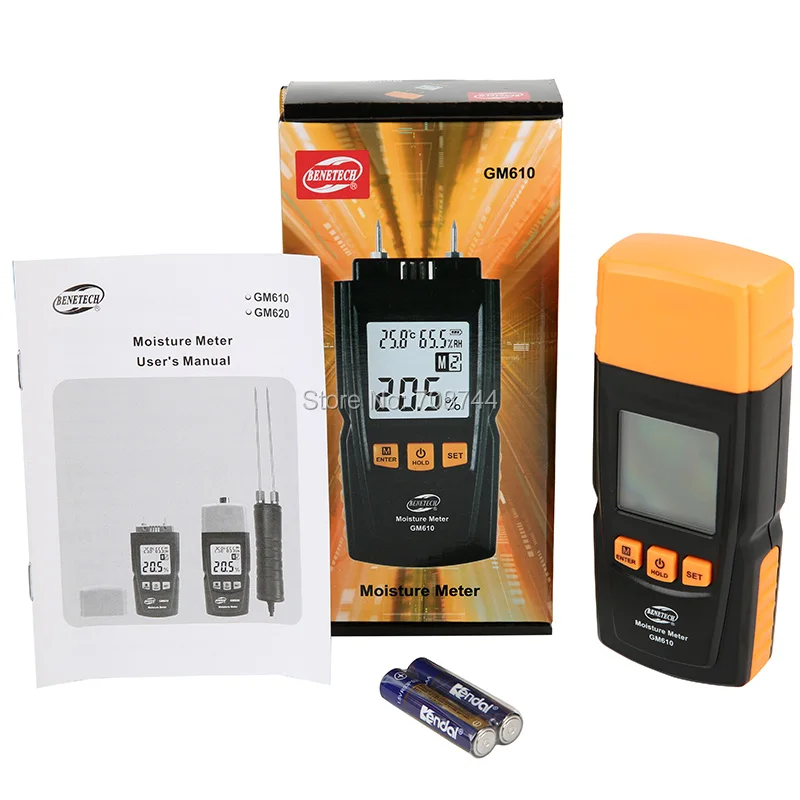 BENETECH GM610 измеритель влажности древесины, 2 контакта, измеритель влажности, детектор влажности, гигрометр, диапазон 0~ 70%, цифровой ЖК-дисплей