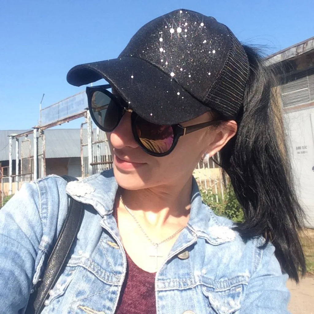 2020 Glitter Ponytail Baseball Cap Women Snapback Dad Hat Mesh Valentine's Day Present Caps Messy Bun Summer Female Hats | Аксессуары