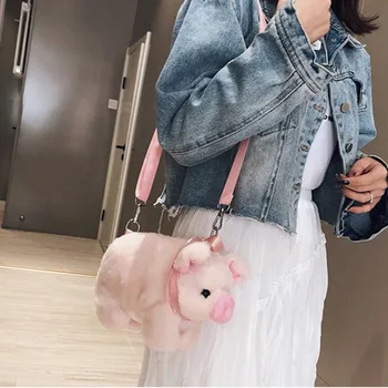 

Cute Fluffy Pink Pig Bag Women Cartoon Pig Sling Bag Fluffy Animal Crossbody Bag Shoulder Bag Fur Soft Strip Bag Plush back pack