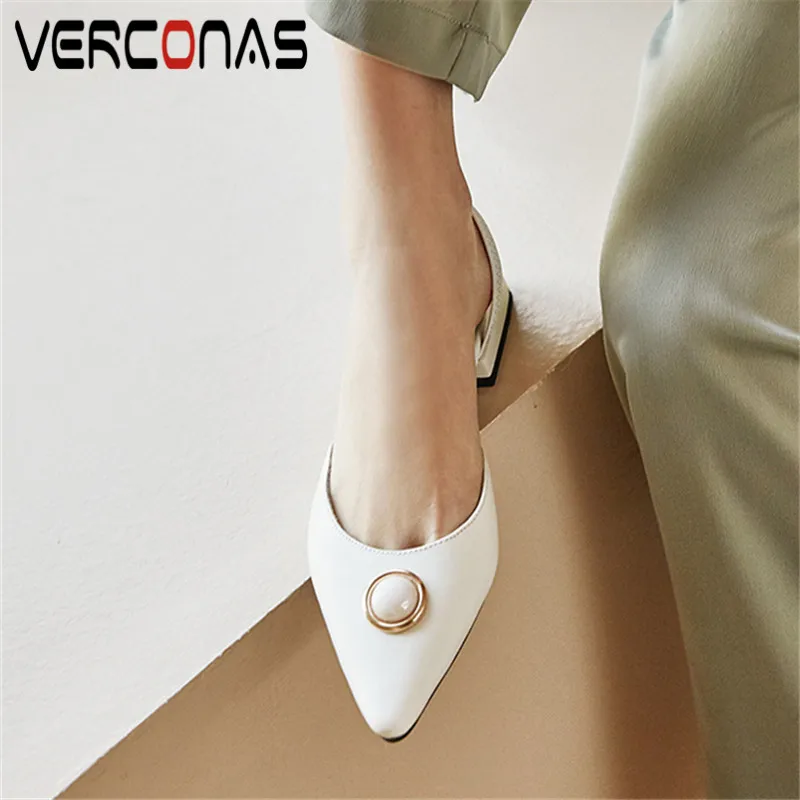 

VERCONAS Summer Woman Pumps Woman Sandals Summer Genuine Leather Pearl Decoration Pointed Toe Square High Heels Shoes Woman