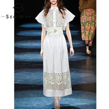 

SEQINYY Party Dress 2020 Summer Spring New Fashion Design Women Lace Short Flare Sleeve Belt Elastic Waist Elegant Long Dress