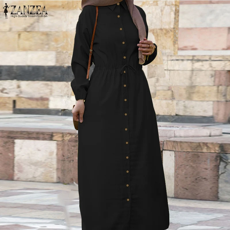 Retro Muslim Shirt Dress Womens Puff Sleeve Sundress ZANZEA 2020 Casual Drawstring Maxi Vestidos Female Button Robe Oversized