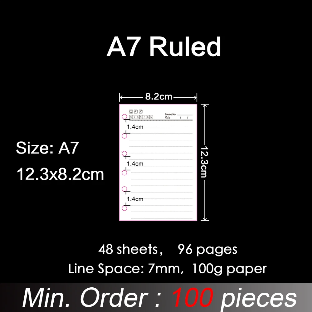 100 Pieces / Lot A7 123x82mm High Quality Ring Binder Notebook Insert Refills 6 Holes Loose Leaf Spiral Diary Planner 100g Paper |