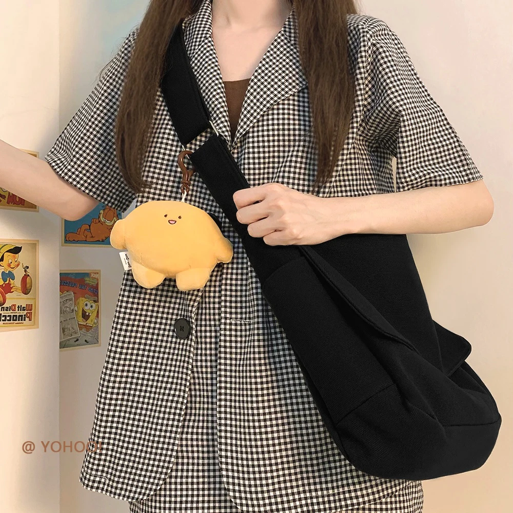 Simple Canvas Bag Solid Color Wide Shoulder Strap Single Shoulder Schoolbag Fashion Versatile Casual Student Women Messenger Bag