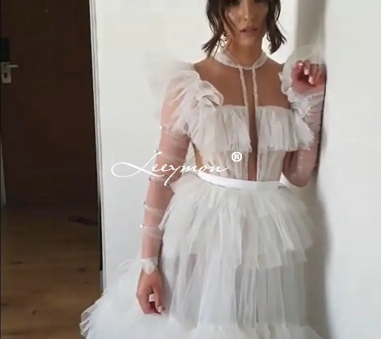 Leeymon New Design vestido de novia Evening Dress Ruffles Beading Crystal Custom Made Tiered Dress Prom Gown
