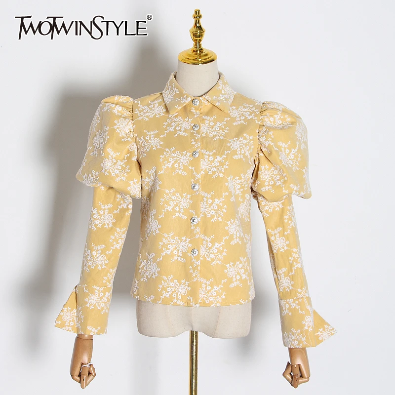 

TWOTWINSTYLE Embroidery Hit Color Women's Blouses Lapel Collar Puff Long Sleeve Slim Shirts For Female 2019 Fashion Clothes Tide