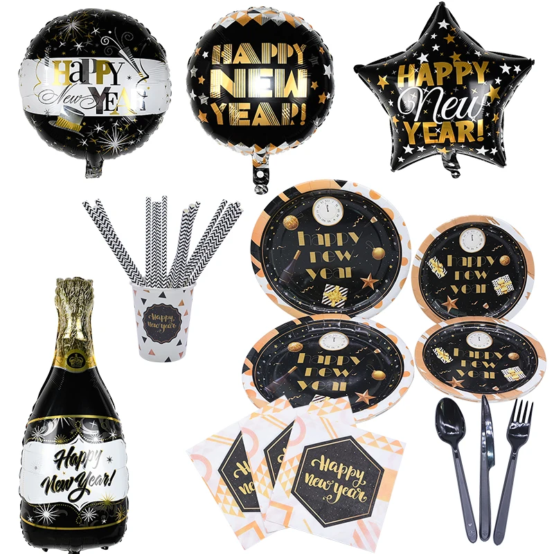 

Black Gold Disposable Paper Cup PlateTableware Happy New Year Balloons Straws Set Kids Birthday Party Decoration Party Supplie