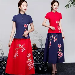 Китайское платье Ципао Cheongsam Emboridery Tang костюм цветочный льняной винтажный Свадебный Vestidos вечерние одежда на новый год халат Топ юбки