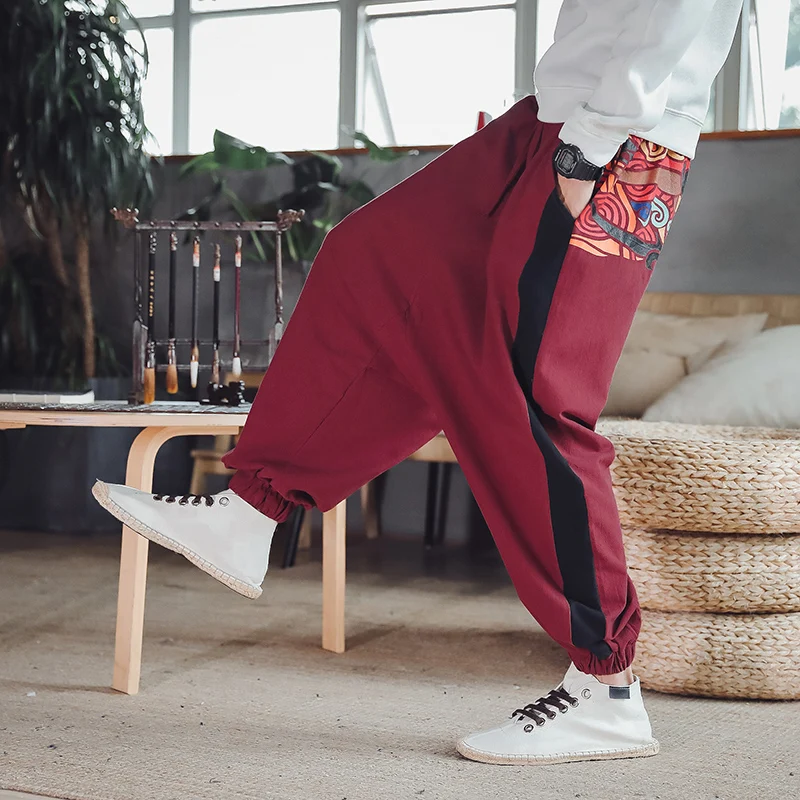 

Men Chinese Style Printed Cross Pants Mens 2020 Wide Leg Loose Trousers Male Oversize Japan Harem Pants Streetwear