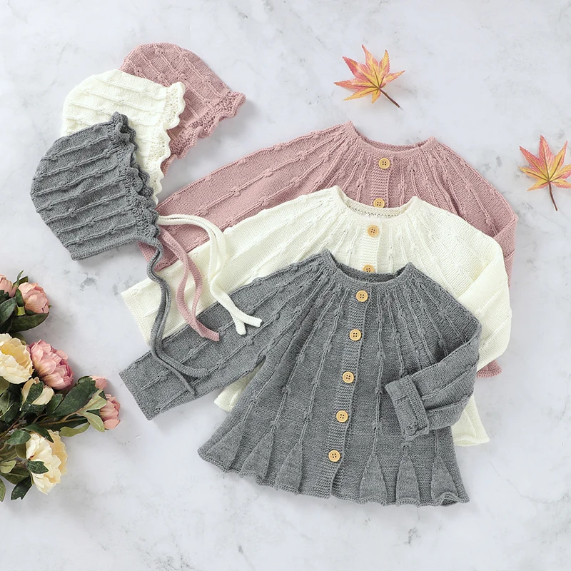New Spring Autumn Baby Boys Girls Pure Color Knit Jacket + Hat Infant Kids Boy Girl Long Sleeve Cardigan Coat Clothing