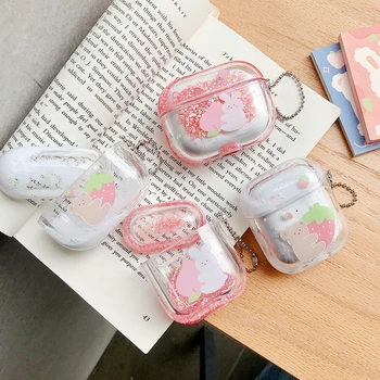 

For AirPods Pro Glitter Dynamic Liquid Quicksand Peach Rabbit Strawberry Bear Crystal Clear Case for AirPods 1 2 Earphone Cover