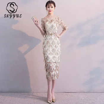 

Skyyue Evening Dress Half-sleeve Robe De Soiree Zipper Crystal Women Party Dresses 2019 Plus Size O-neck Sequin Formal Gown F018