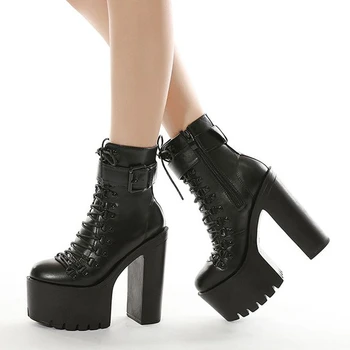 

Brand New cross-tied Sexy Platform Square High Heels Buckles Cool Chic Motorcycles Boots Stylish Winter Shoes Boots Women