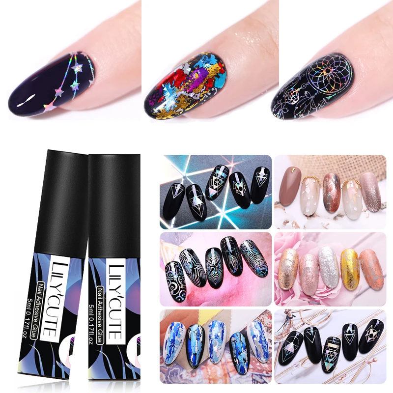 

LILYCUTE 5ml Nail Adhesive Glue for Foil Transfer Sticker Decals Tips Nail Art Accessories Tools No Need Curing UV Lamp