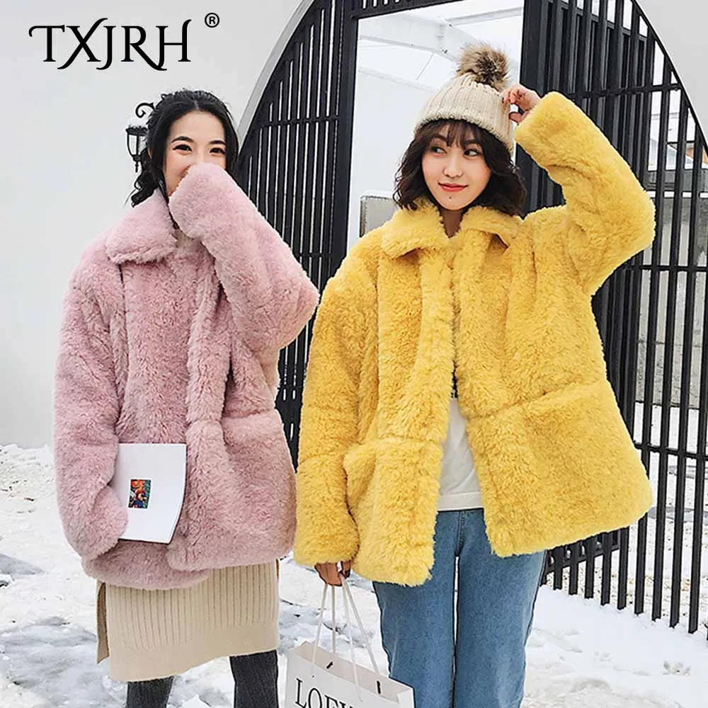 TXJRH стильная искусственная Овечка, меховые карманы, длинное пушистое меховое пальто, женская зимняя теплая куртка с длинными рукавами, пальто, 3 цвета
