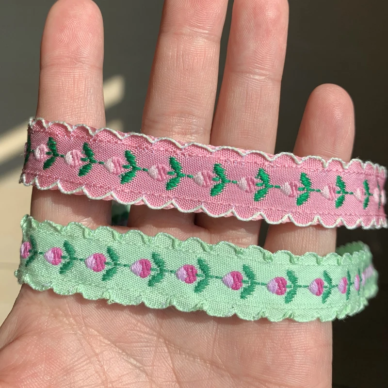 ZERZEEMOOY 5/8 INCH 17mm 10yard/pack Pink And Green Conjoined Flowers Handmade Jacquard Ribbon Lace MJZD19120607