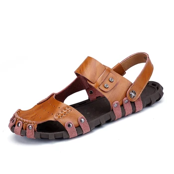 

2020 Genuine Leather Sandals Men Shoes Soft Luxury Covered Toes Slippers Summer Fashion Black Rome Sandals Comfort Beach Sandals