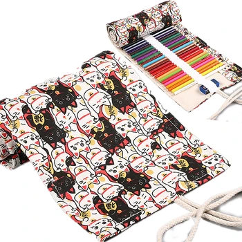 

Cat Printed Canvas Craft Pen Curtain12/24/36/48 Holes Rolling Pen Bag trousse stylo pencil pouch bts merch pencil case lol bag