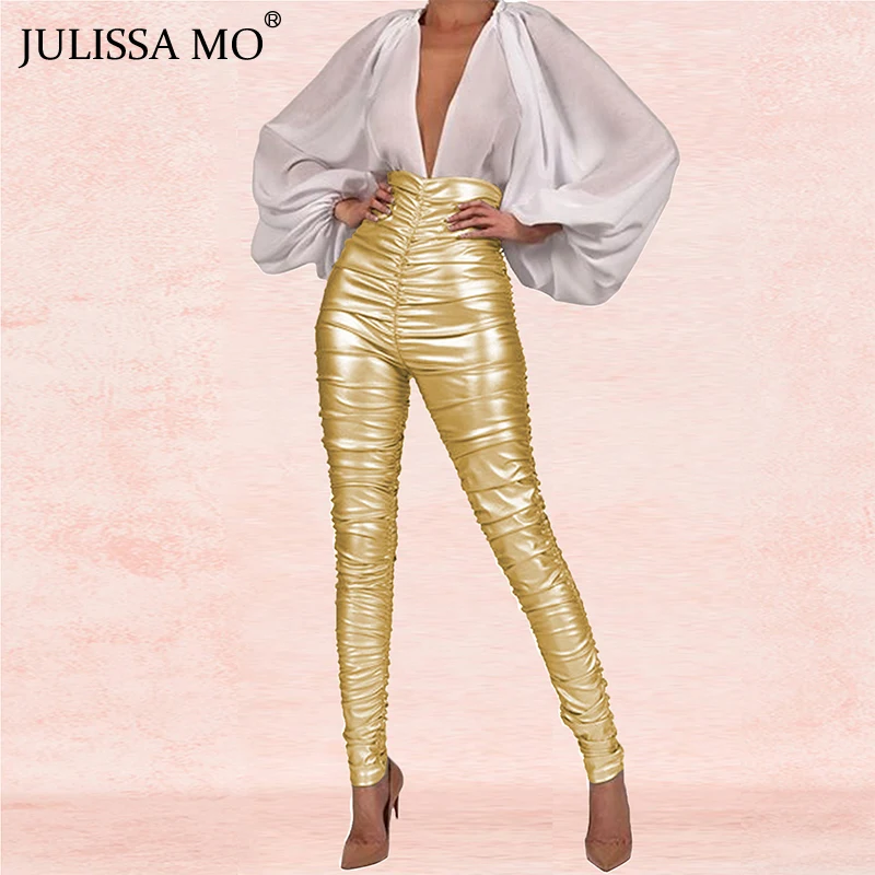 

JULISSA MO Sliver High Waist Pleated Pants Women Autumn Winter Bodycon Pencil Pants Female Solid Sexy Long Trousers 2019 New