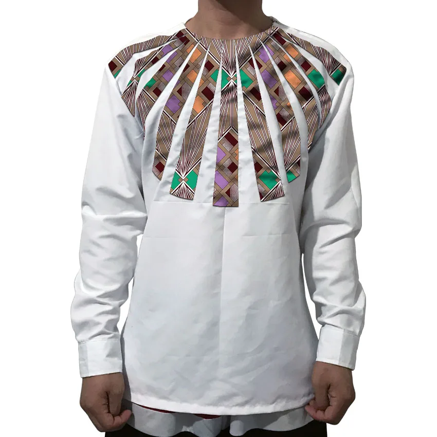 

African clothes men's shirt O-neck Ankara white with print tops patchwork custom made wear male activity dashiki for wedding