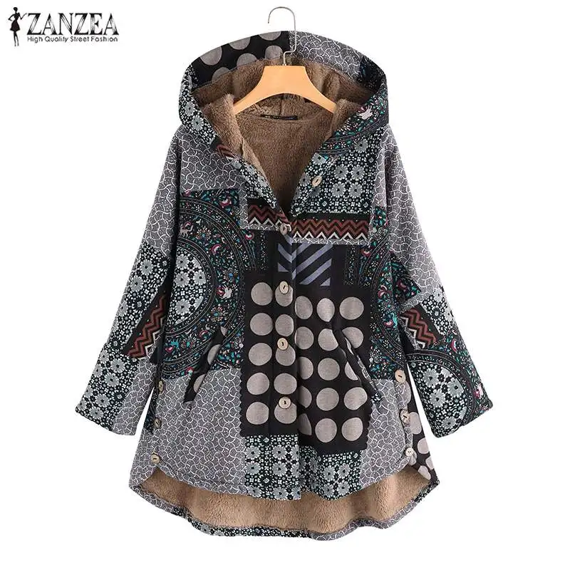 

2019 ZANZEA Ethnic Printed Coats Women's Outerwear Casual Long Sleeve Fur Lining Jackets Female Hooded Windbreaker S-5XL Tops