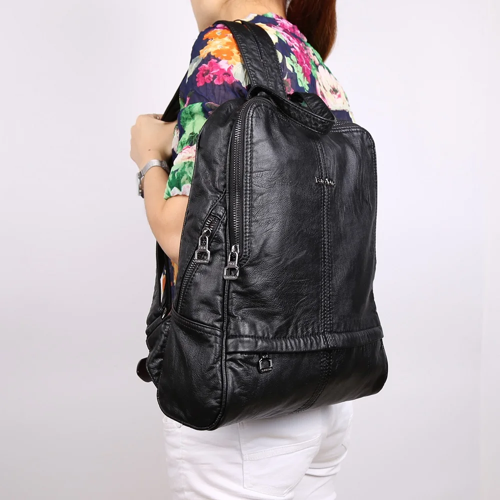 

Soft Eco-Friendly Washed PU Faux Leather Material Black Color Women Backpack