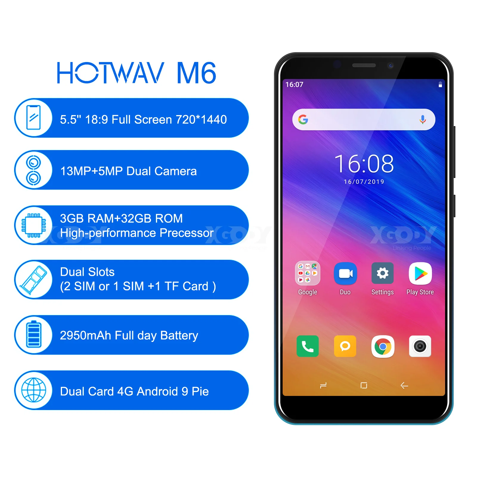 Xgody HOTWAVM6 5 ''Android 9 0 18:9 MT6739 3 ГБ 32 смартфон отпечаток пальца лица ID полный экран В/1A
